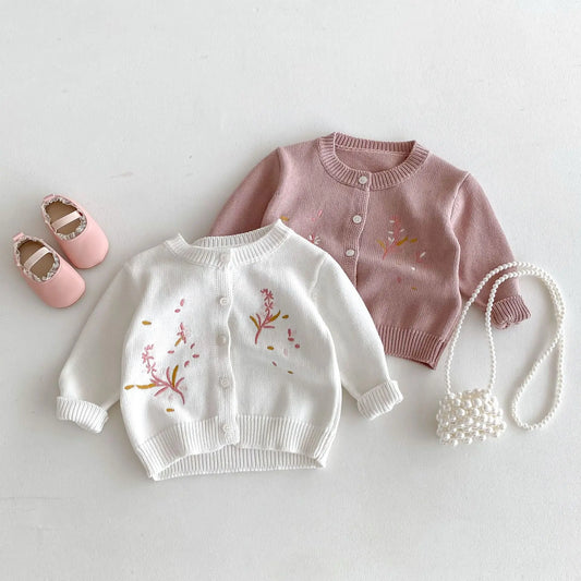 Girls Cute Flower Embroidery Knitted Cardigan Kids Casual Versatile Knitwear