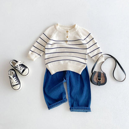 Girl Baby Knitted Striped Outwear Boy Cotton Knit Long Sleeve Pullover Sweater