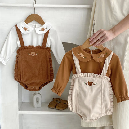 Baby Girls Cute Bear Embroidery Lapel Bottoming Tops + Strap Bodysuit