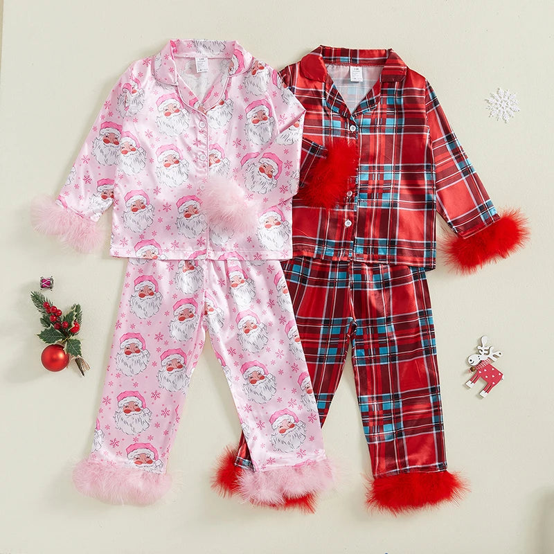 Baby Girl 2Pcs Christmas Pajamas Set Long Sleeve Feather Trim Shirt + Pants