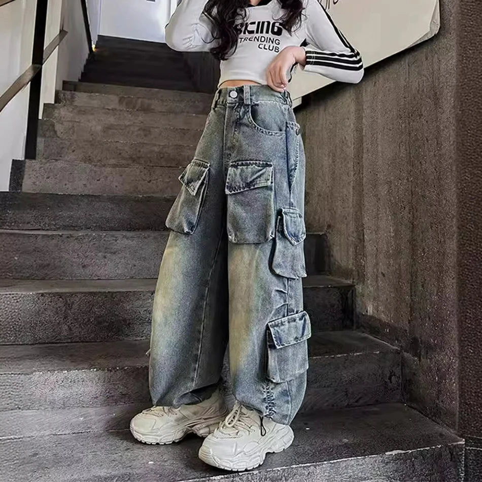 Girls Denim Cargo Pants Hip Hop Performance Wear Bottoms