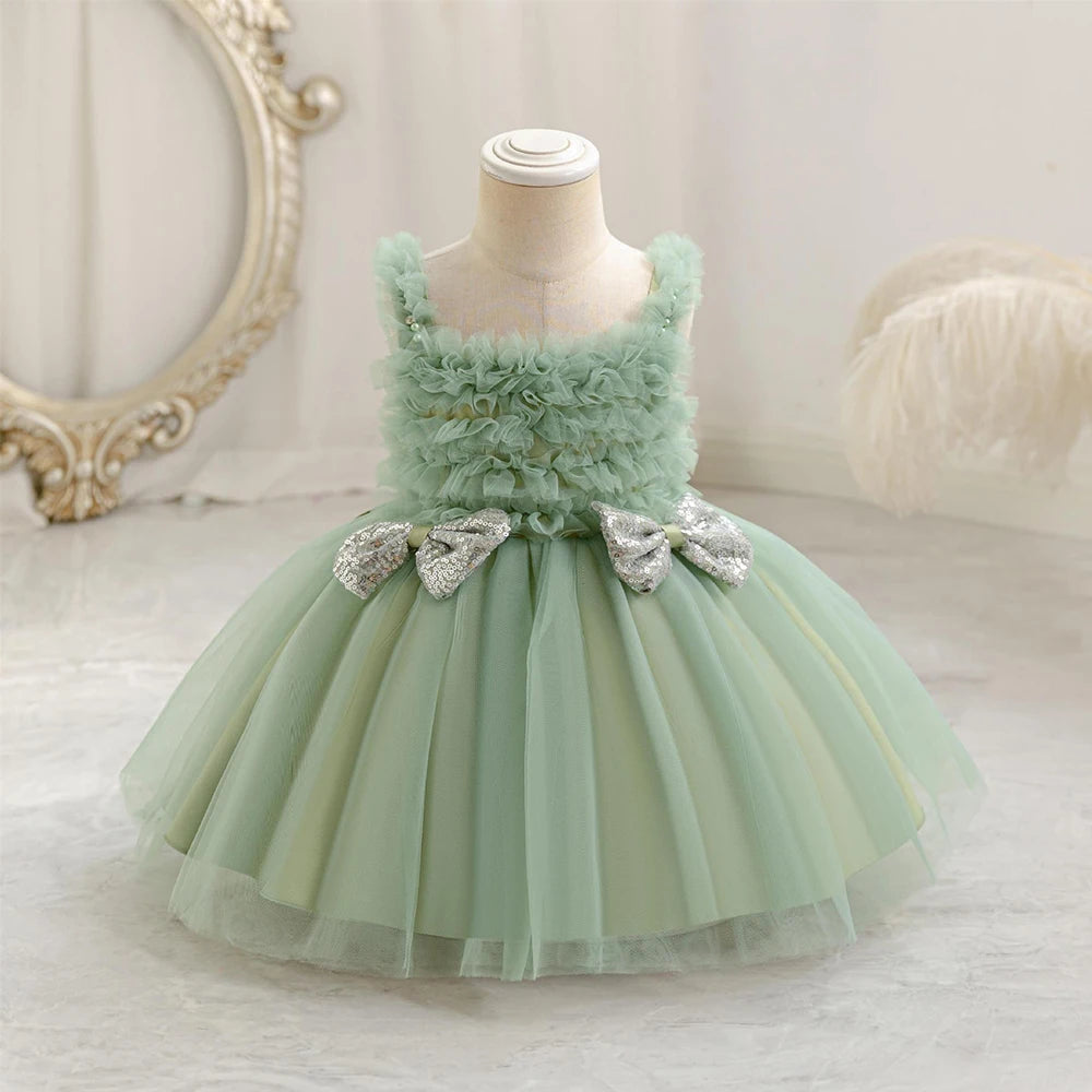 Girls Dress Sequined Bowknot Children's Princess Mesh Dresses Sling Girl Tutu