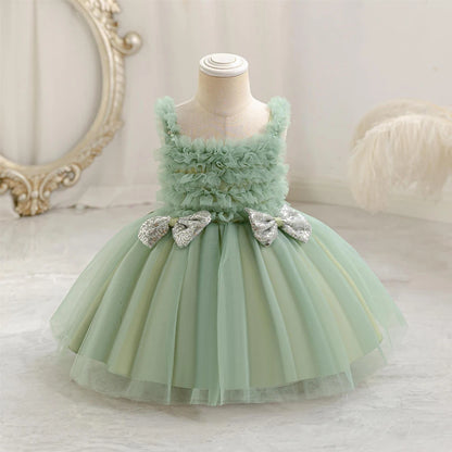 Girls Dress Sequined Bowknot Children's Princess Mesh Dresses Sling Girl Tutu