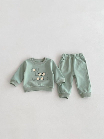 Boy Girl Cartoon Pullover Shirt Set Baby Letter Print Tops + Pants 2ps