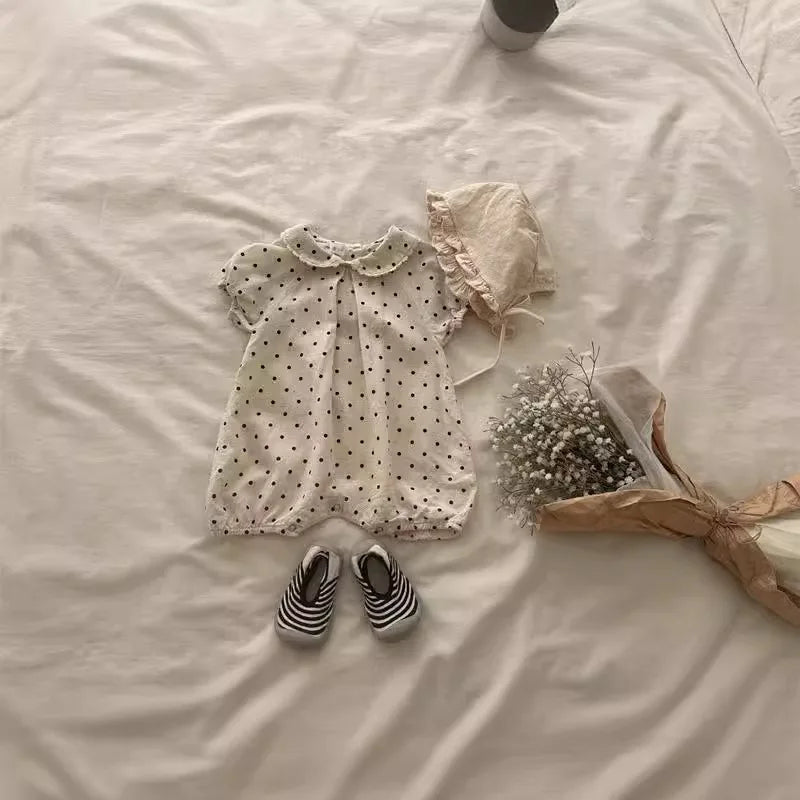 Newborn Girl/Boy Infant Dots Lapel Loose Short Sleeves Jumpsuit Romper