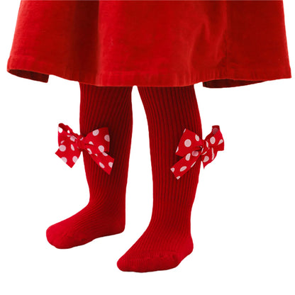 Girls Christmas Ribbed Pantyhose Stretch Mid-Rise Red Tights with Bows