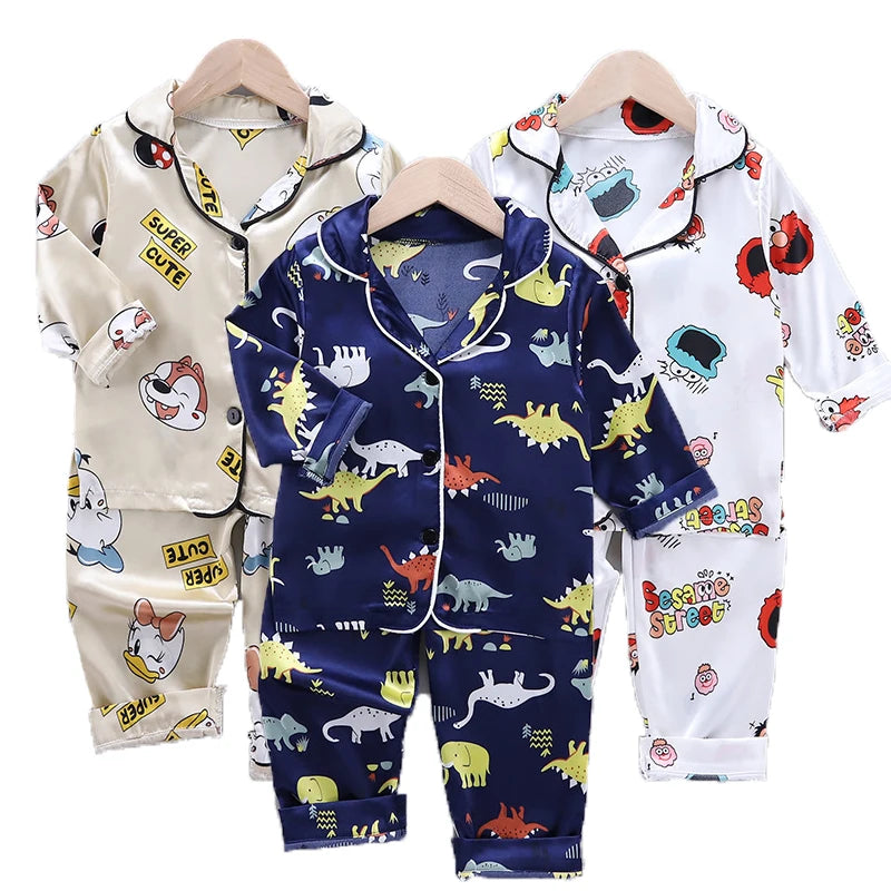 Children Silk Satin Pajamas Set Baby Boys Girls Cartoon Dinosaur Tops Trousers