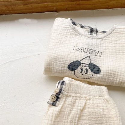 Baby Cotton Linen Clothes Set Plaid Cartoon Casual Tops + Pants 2pcs