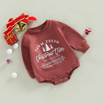 Newborn Baby Girl Boy Retro Christmas Tree Crewneck Sweatshirt Romper