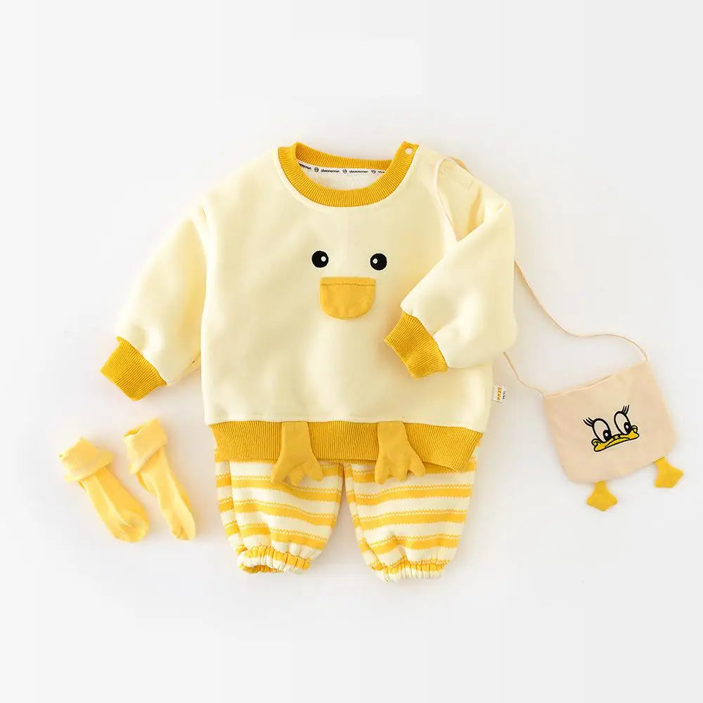 Baby Girls Cute Cartoon Duck Fleece Sweatshirt + Striped Pants