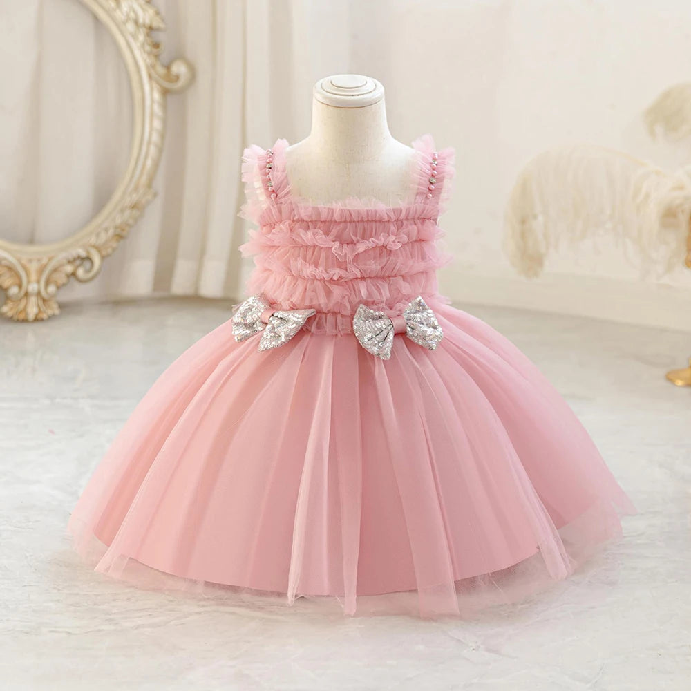 Girls Dress Sequined Bowknot Children's Princess Mesh Dresses Sling Girl Tutu