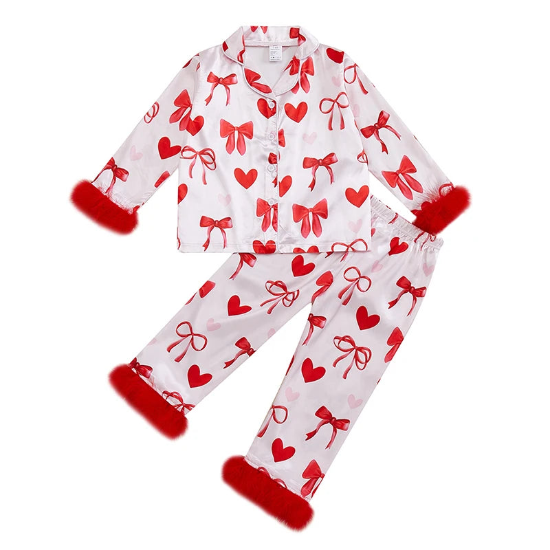 Girls Pajama Set Heart Bow Print Lapel Button-up Tops Elastic Waist Pants