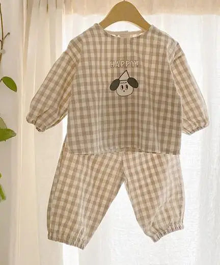 Baby Cotton Linen Clothes Set Plaid Cartoon Casual Tops + Pants 2pcs