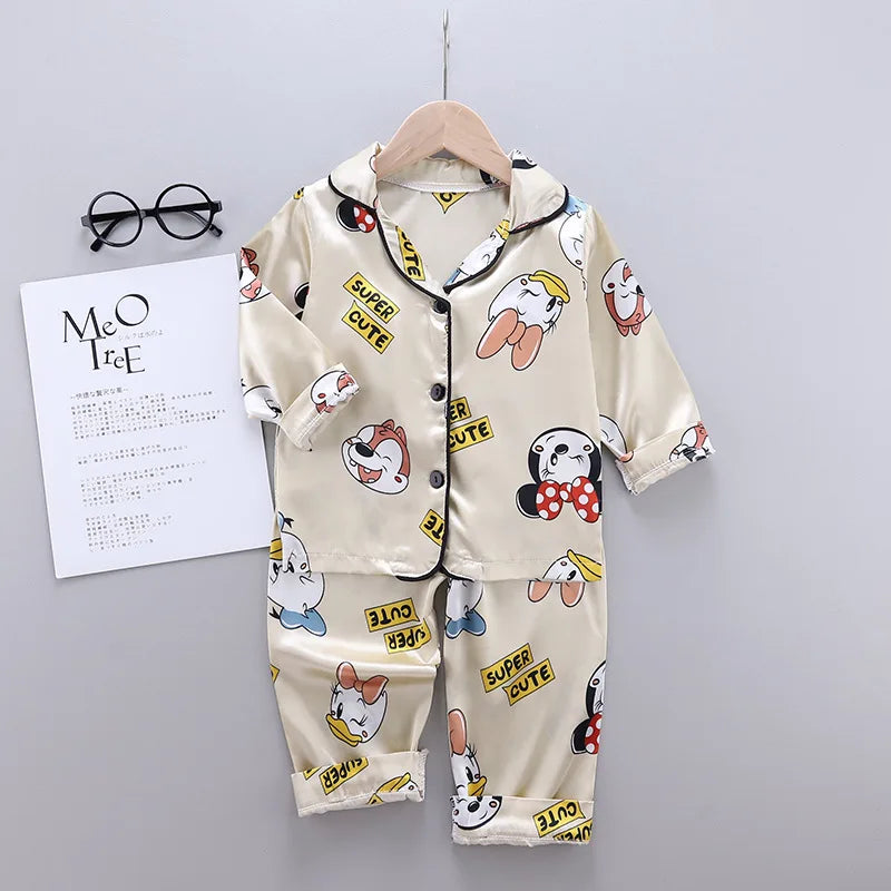 Children Silk Satin Pajamas Set Baby Boys Girls Cartoon Dinosaur Tops Trousers