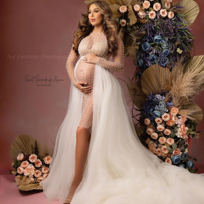 Maternity Photography Dresses Transparent Tulle Pearl Pregnancy Dress