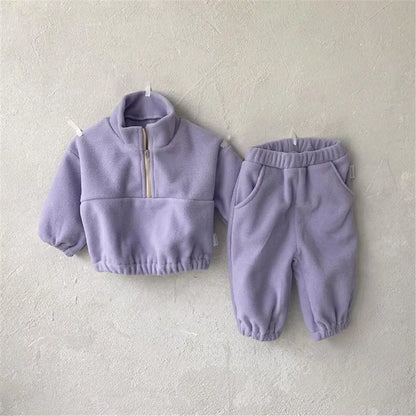 Toddler Baby Sports Set Fleece Solid Color Hoodies And Pants 2pcs Warm Suit