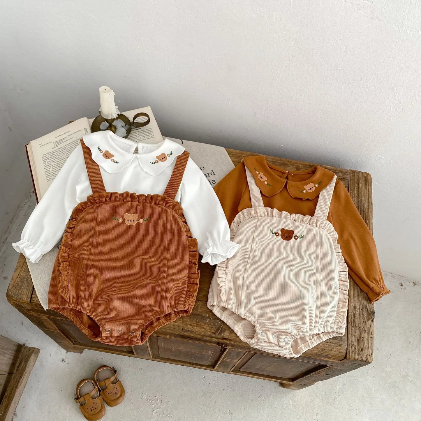 Baby Girls Cute Bear Embroidery Lapel Bottoming Tops + Strap Bodysuit