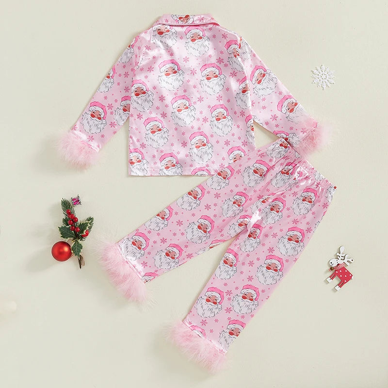 Baby Girl 2Pcs Christmas Pajamas Set Long Sleeve Feather Trim Shirt + Pants