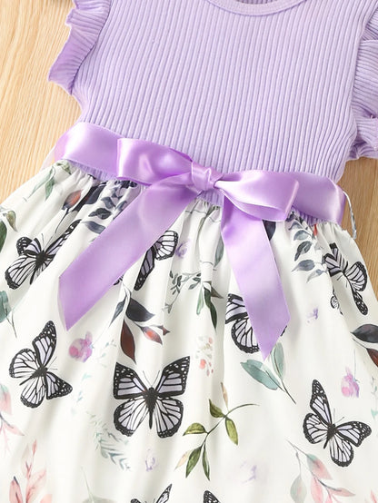 Girls Sweet Casual Ruffled Butterfly Flower Print Dress