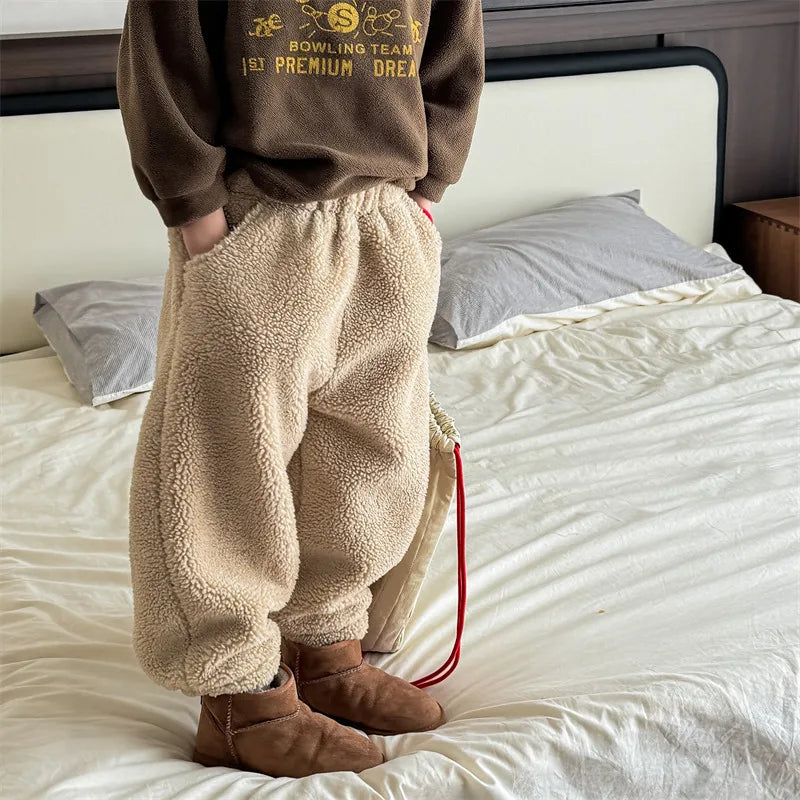 New Children Fleece Trousers Solid Girls/ Boys Lamb Wool Pants