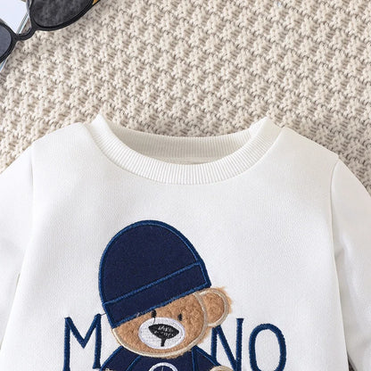 Casual Cartoon Bear Long Sleeve tee and Navy Pants