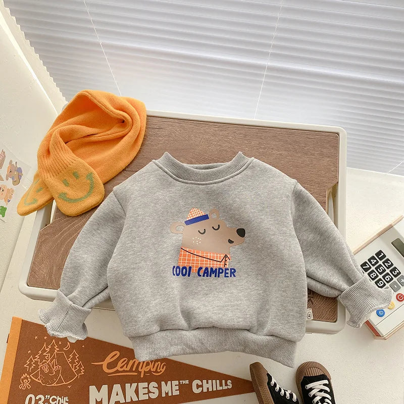 Children Fleece Sweatshirt New Baby Boys Warm Tops Girls Cartoon Print Pullover