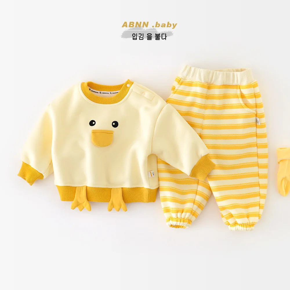 Baby Girls Cute Cartoon Duck Fleece Sweatshirt + Striped Pants