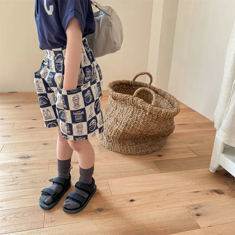 Fashion Plaid Print Shorts Boy Cool Thin Breathable Wide Leg Short Trousers