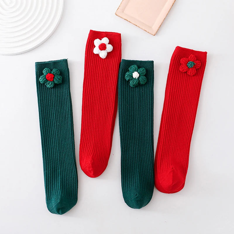 Girls Christmas Socks Cute Crocheted Flowers Dress Socks Breathable Walking Socks