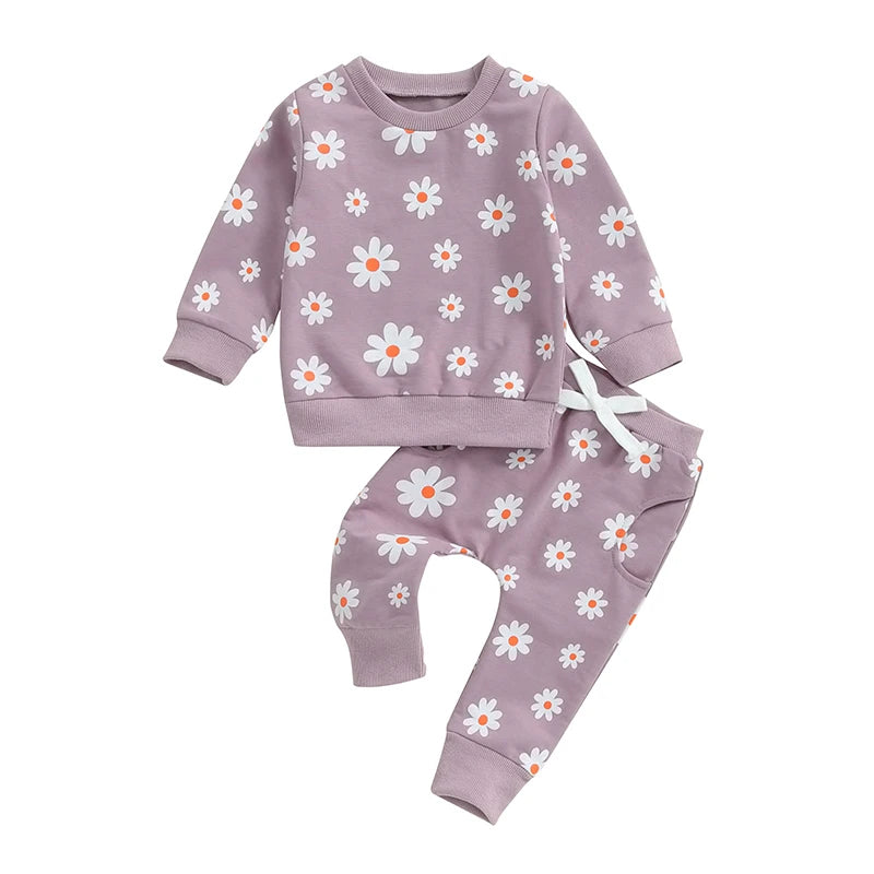 Little Girl 2 Piece Fall Outfit, Flower Print Sweatshirt Pullover Elastic Waist Pants