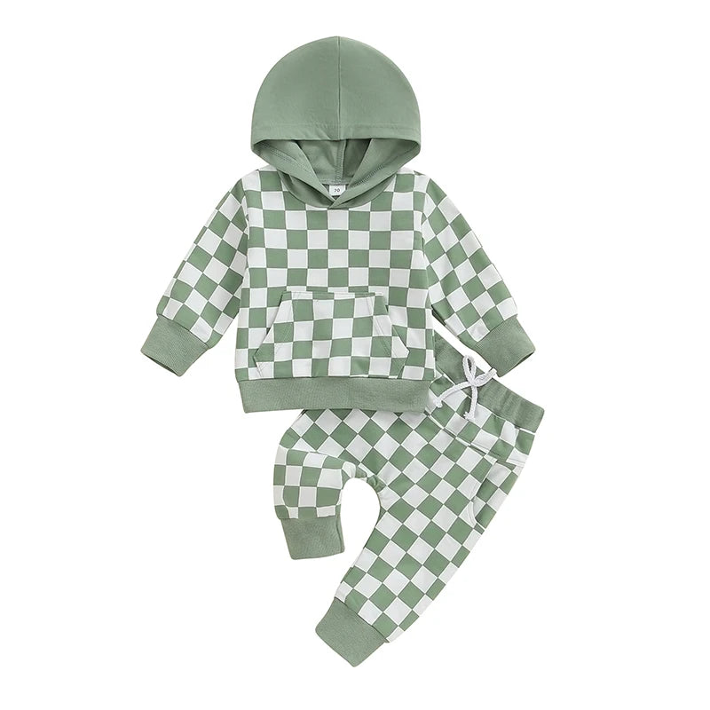 Toddler Boys Fall Outfits Checkerboard Print Hooded  and Long Pants 2Pcs