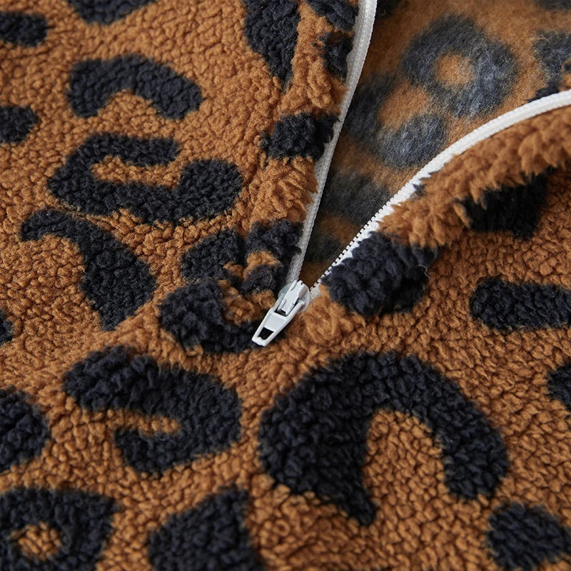 Boy Coat Fuzzy Long Sleeve Stand Collar Leopard Print Zipper Outwear