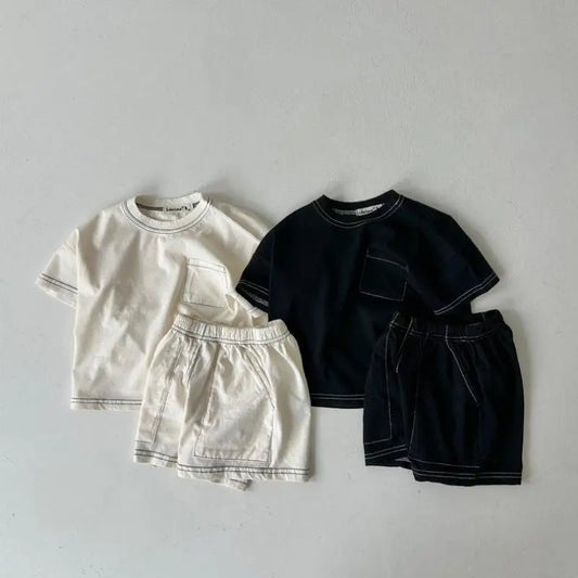 Summer Clothes 2pcs Boy Girl Solid Short Sleeve Tops + Shorts