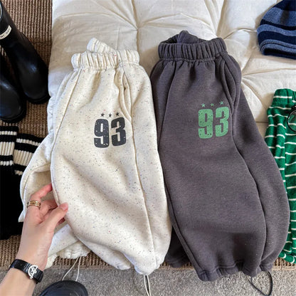 New Children Fleece Casual Pants Letter Print Girls Plus Velvet Thick Trousers