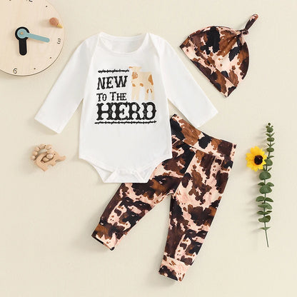 Baby Boys 3PCS Outfit Long Sleeve Letter Print Romper Herd Print Pants Hat Sets