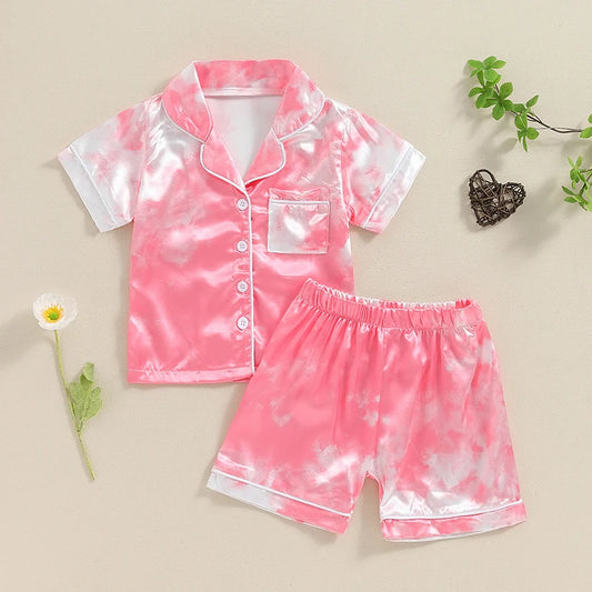 Girls Summer Pajama Sets Tie Dye Print Shirt Shorts Sleepwear Casual Homewear