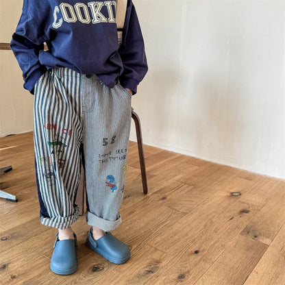 Girl Boy Cartoon Print Haren Pants Loose Kid Striped Casual Pants Retro Baby Trousers