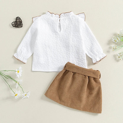 Girls Sweet Tops + Solid Color Skirt with Belt