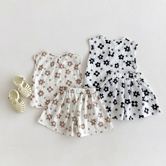 Girl Children Flower Pring Sleeveless Tops + Wide Leg Shorts 2pcs