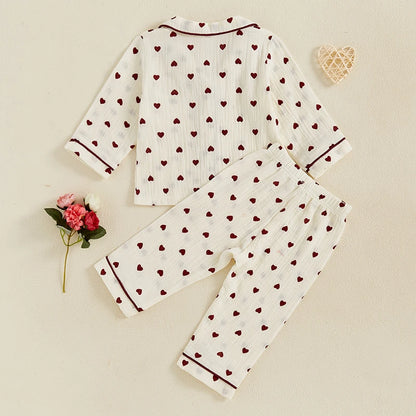 Girls Heart Print Long Sleeves Shirt and Elastic Pants for Loungewear Sleepwear