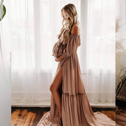 Maternity Photography Gown Soft Satin Off Shoulder Pregnant Woman Two piece set