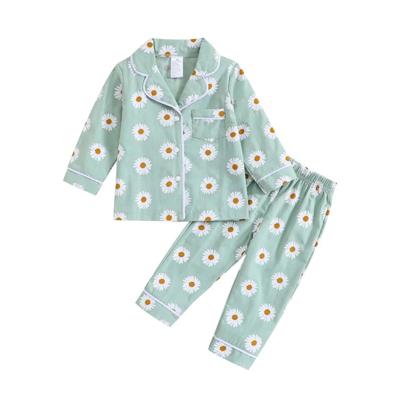 Boy Girl 2-Piece Pajamas Set Daisy Pattern Lapel Button Down Tops Pants