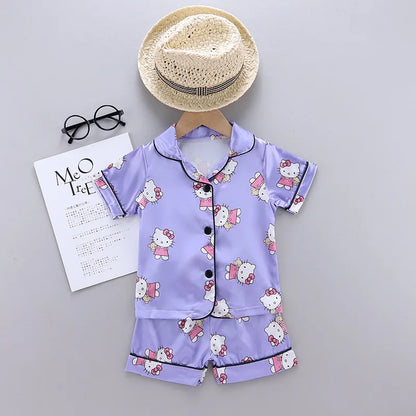 Summer Baby Boys Girls Cartoon Hello Kitty Lapel Comfortable Home Sleepwear