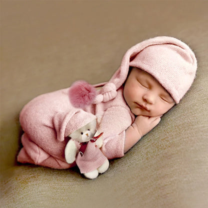 3 Pieces Set Newborn Jumpsuit Tail Pom Hat Set with Mini Doll Pink Baby Photography Outfit New born Girl