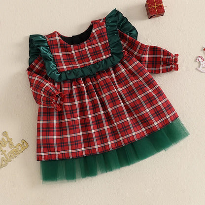 Girl Christmas Dress Casual Ruffles Plaid Print A-Line Dress for Toddler