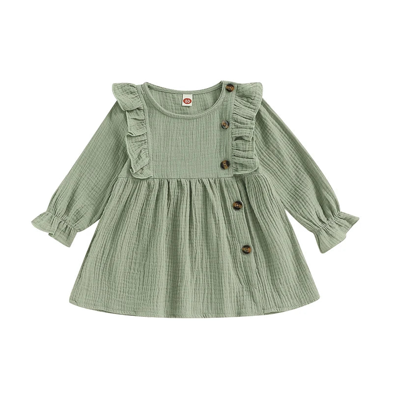 Baby Girl Dress, Crew Neck Buttons Solid Color Ruffled A-line Dress