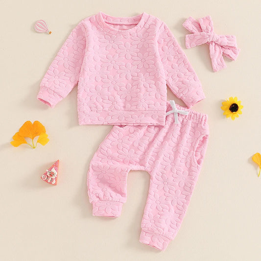 Toddler Girl Daisy Embroidery Sweatshirt with Elastic Waist Pant+ Headband 3 Pcs Set