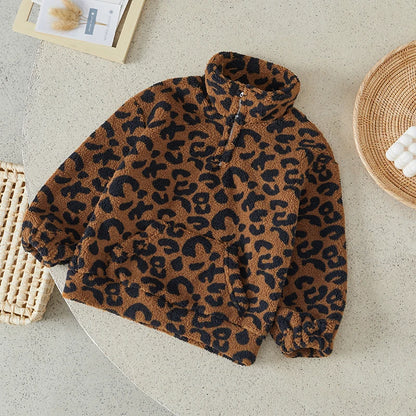 Boy Coat Fuzzy Long Sleeve Stand Collar Leopard Print Zipper Outwear