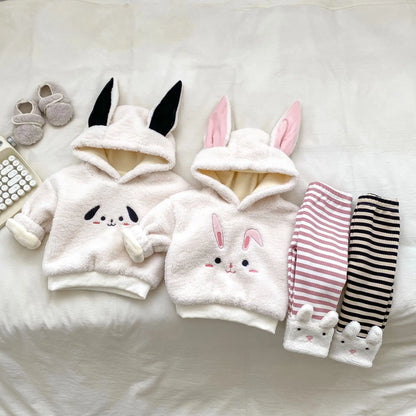 New Baby Girls Thick Warm Set Infant Cute Cartoon Hooded Tops + Striped Pants