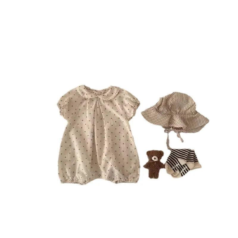 Newborn Girl/Boy Infant Dots Lapel Loose Short Sleeves Jumpsuit Romper